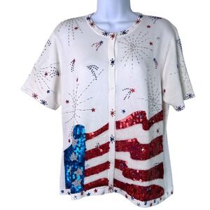 Vintage 90s Berek Sweater Womens Size L Flag Sequin Patriotic Americana USA 250